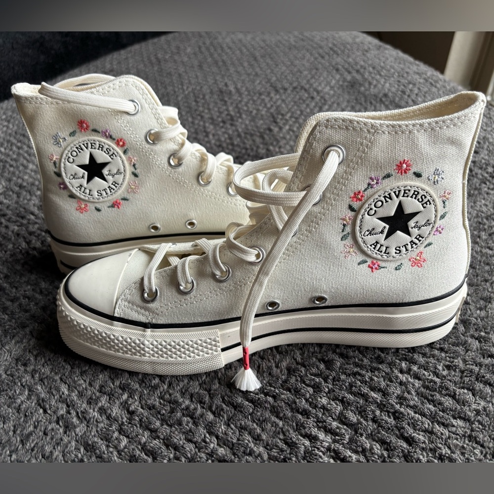 Converse High Top Sneakers in Cream with Pink Floral Embroidery